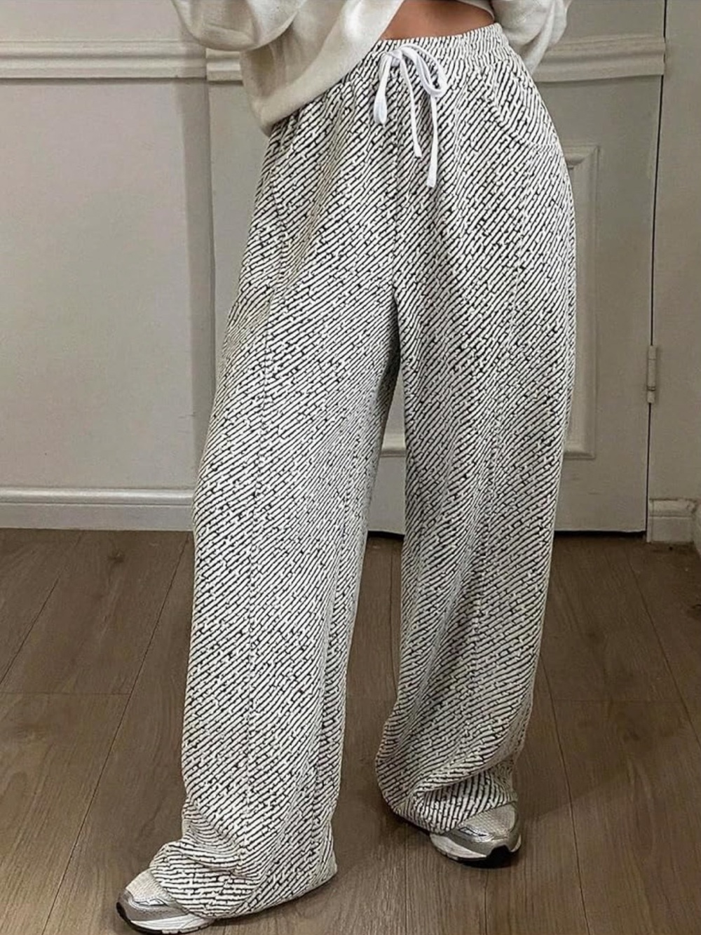Chic Nation boho White Wide-Leg Drawstring Pants with Black Micro-Print